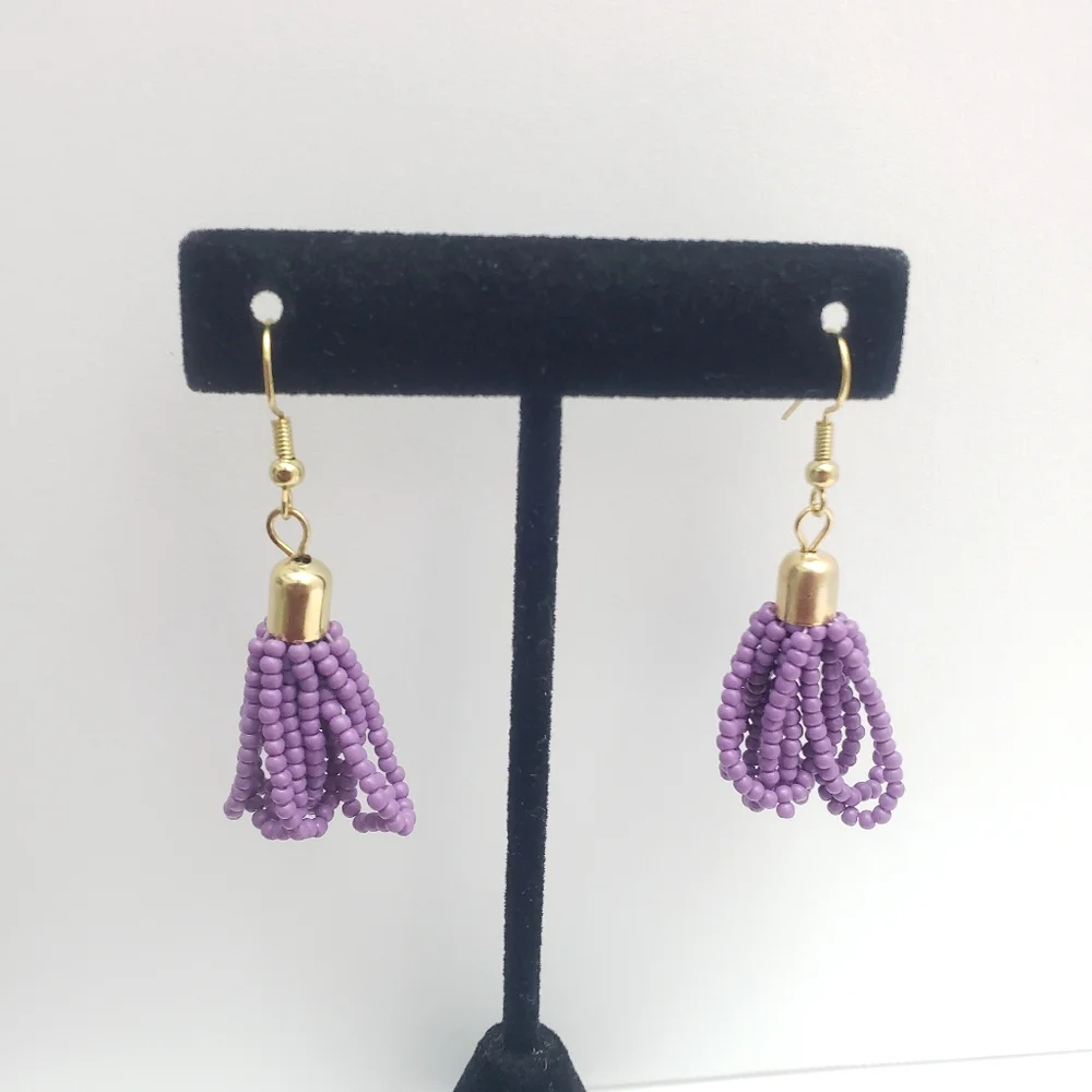New Boho Lavender/Lilac Seed Bead Drop/Dangle Earrings, 18k Plated French Wires - Picture 2 of 4